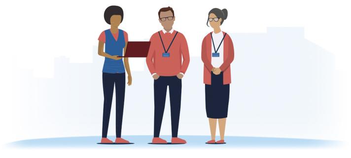 Three illustrative figures with a laptop speaking 
